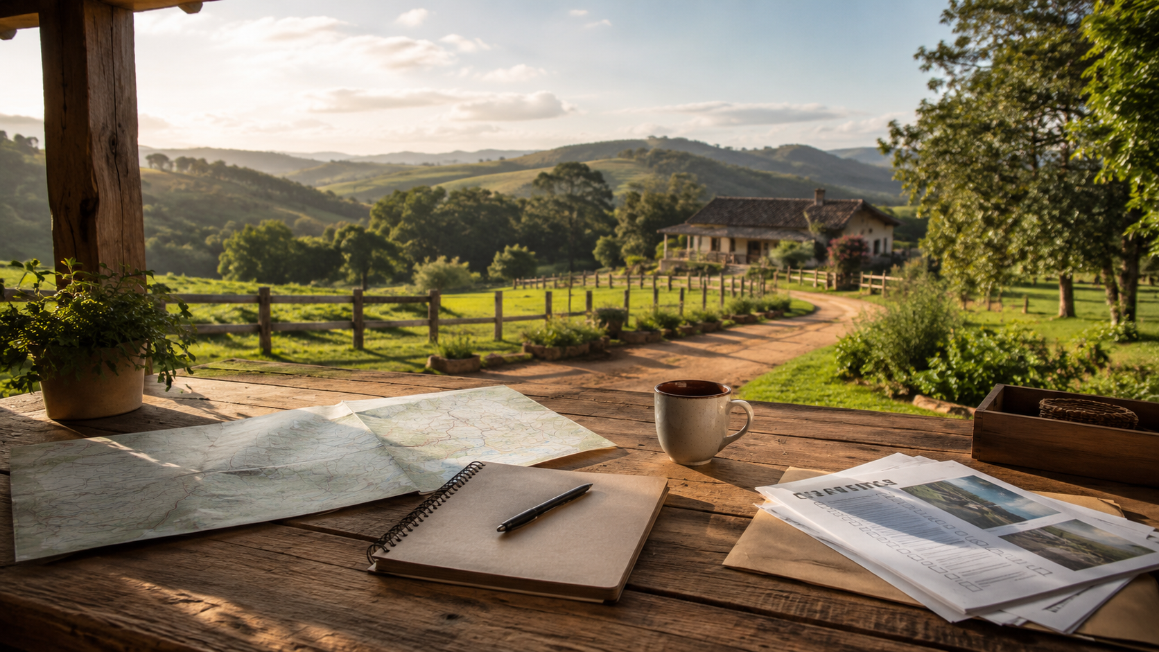 Mesa de planejamento em varanda rural com mapa, caderno, café e paisagem do campo brasileiro ao fundo
