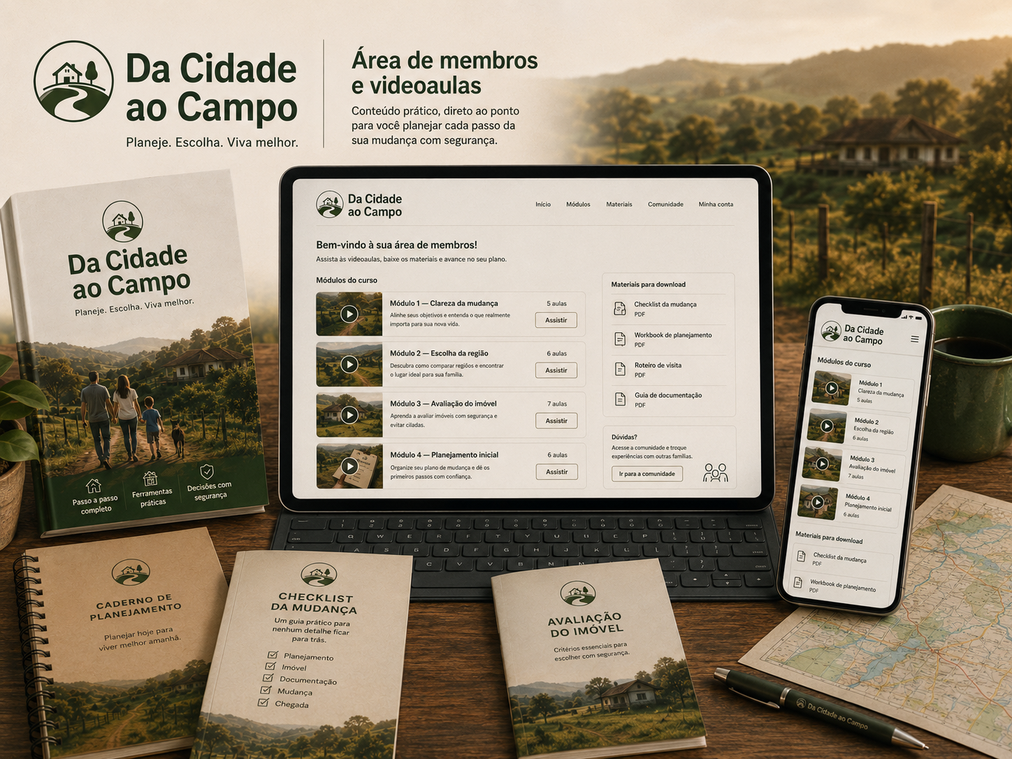Área de membros com videoaulas por módulo do guia Da Cidade ao Campo