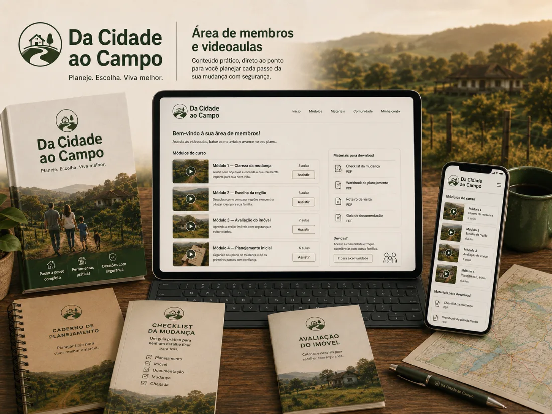 Área de membros com videoaulas por módulo do guia Da Cidade ao Campo