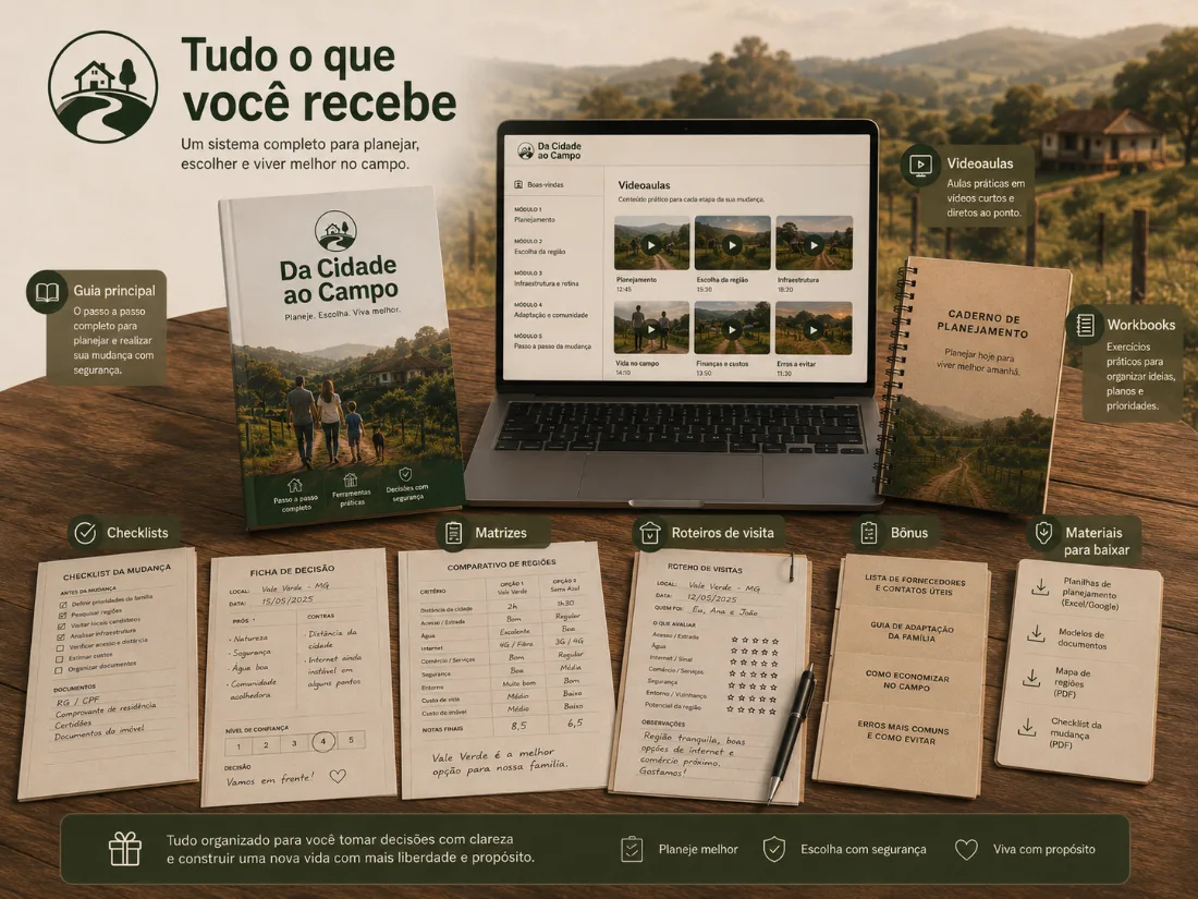 Tudo o que você recebe: guia, videoaulas, workbooks, checklists, matrizes e roteiros do Da Cidade ao Campo