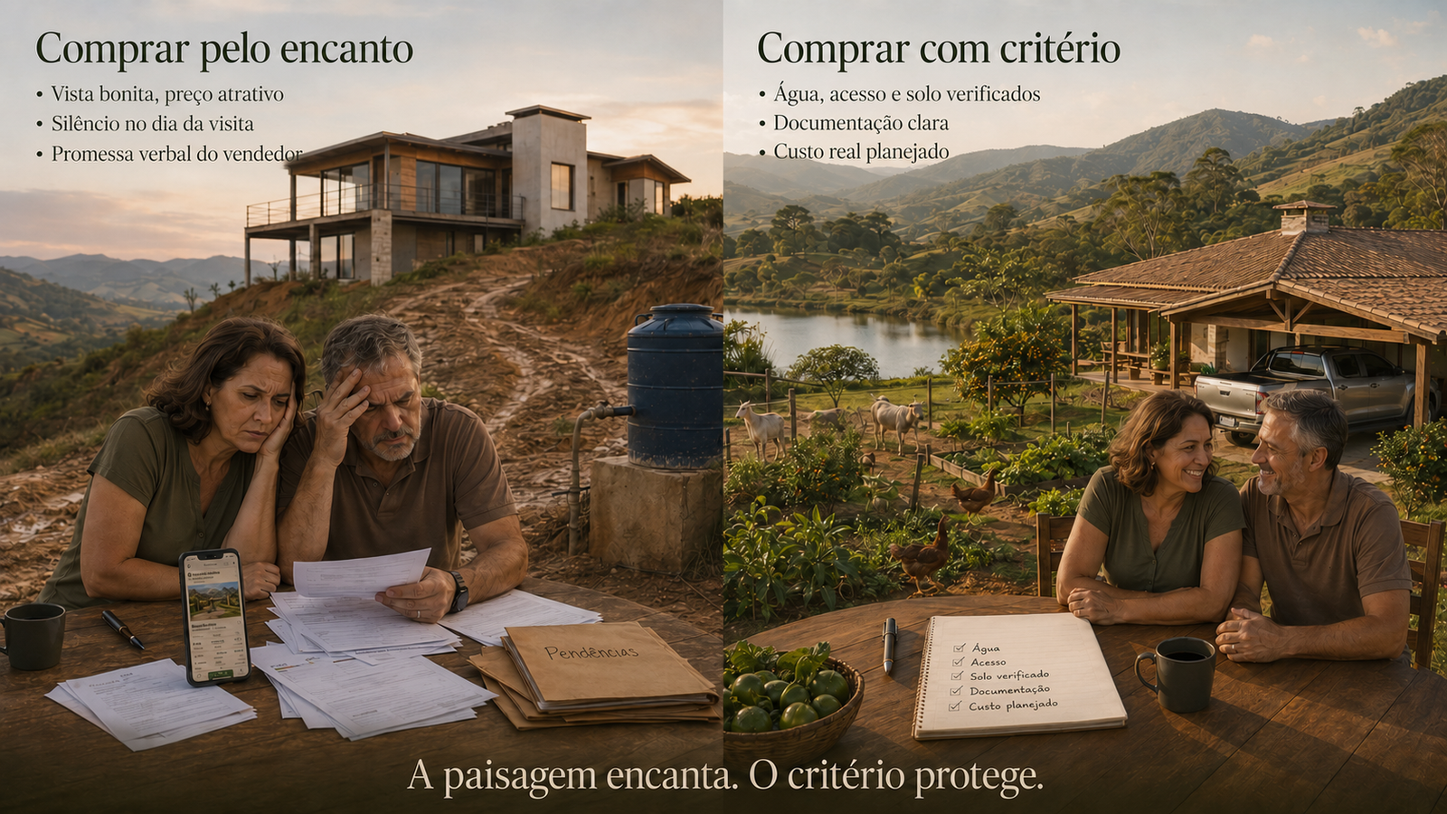 Comparação entre comprar pelo encanto e comprar com critério — a paisagem encanta, o critério protege