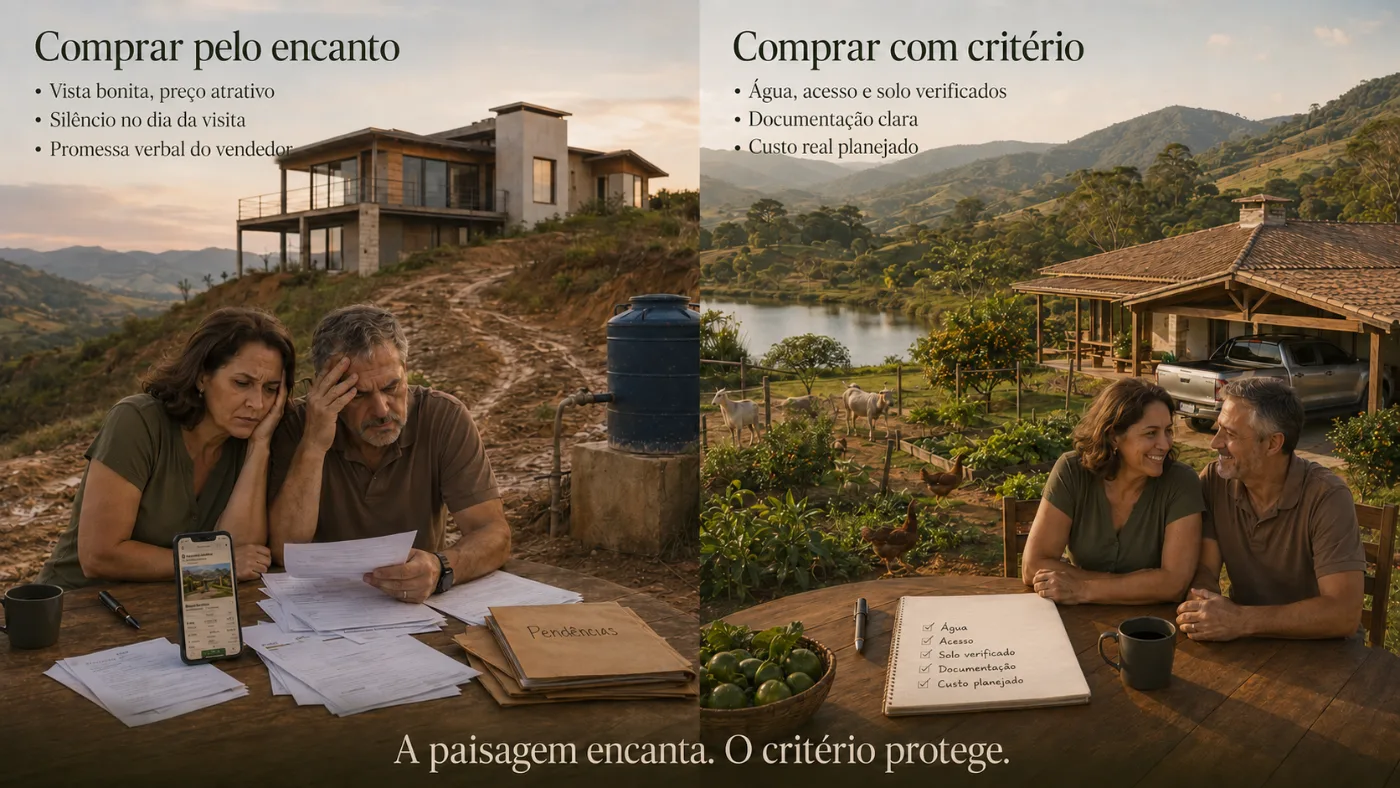 Comparação entre comprar pelo encanto e comprar com critério — a paisagem encanta, o critério protege