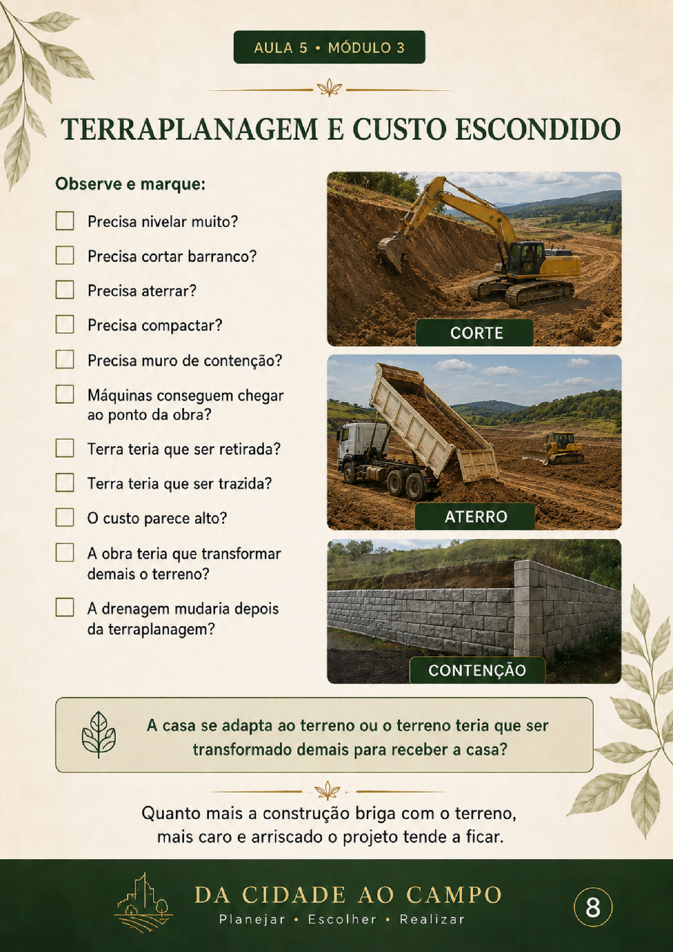 Página do workbook sobre terraplanagem e custos escondidos do terreno